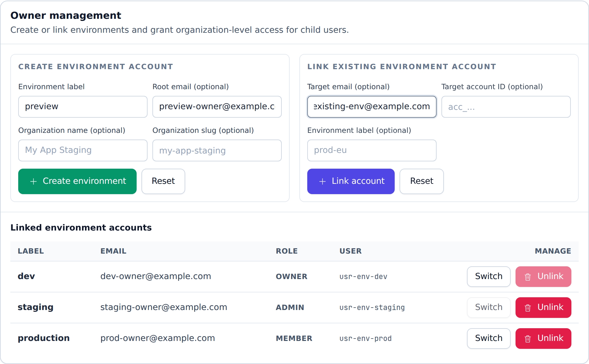MailSlurp environment grants restricted to roles