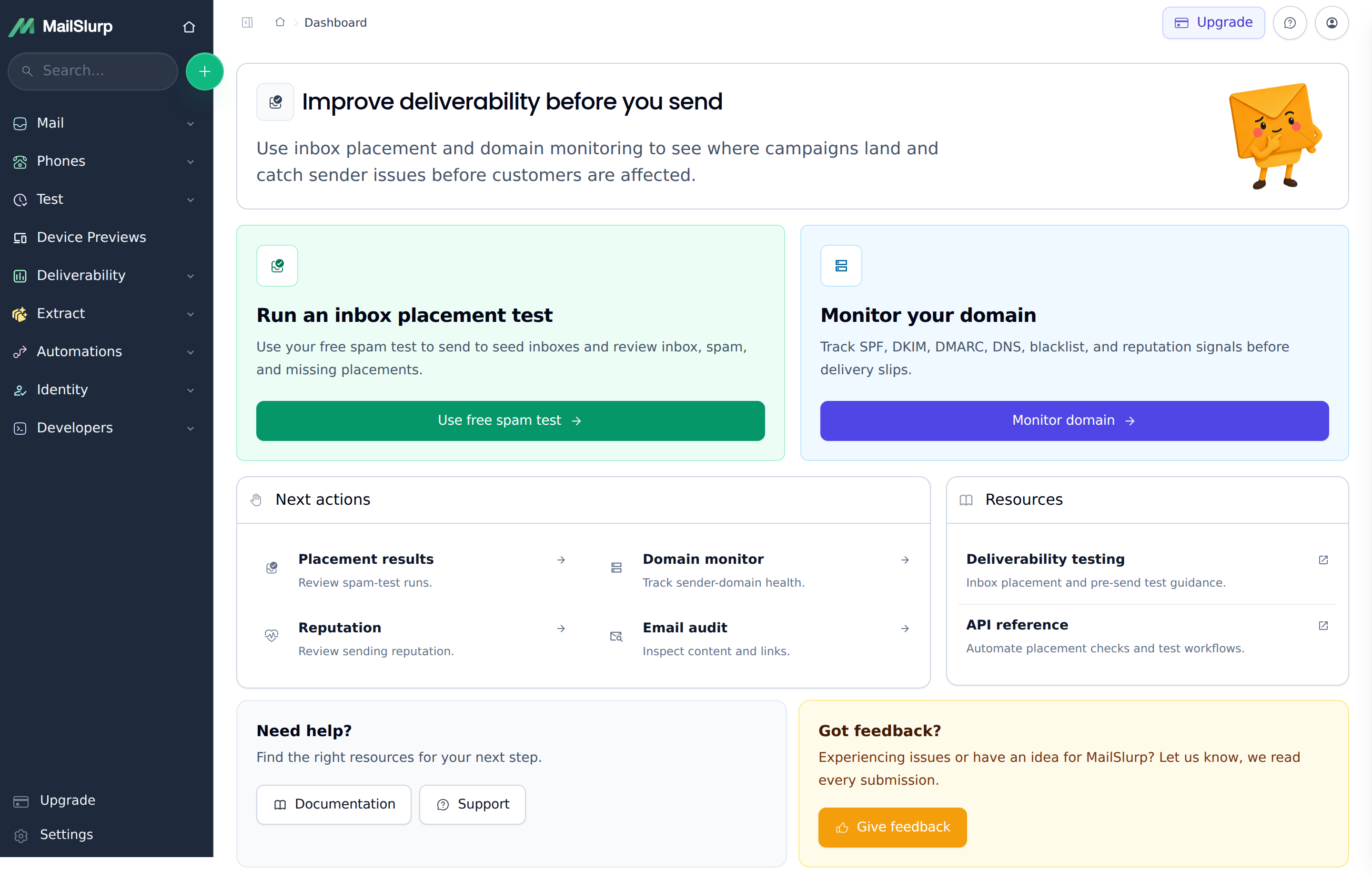 MailSlurp dashboard Inbox Placement navigation highlighted