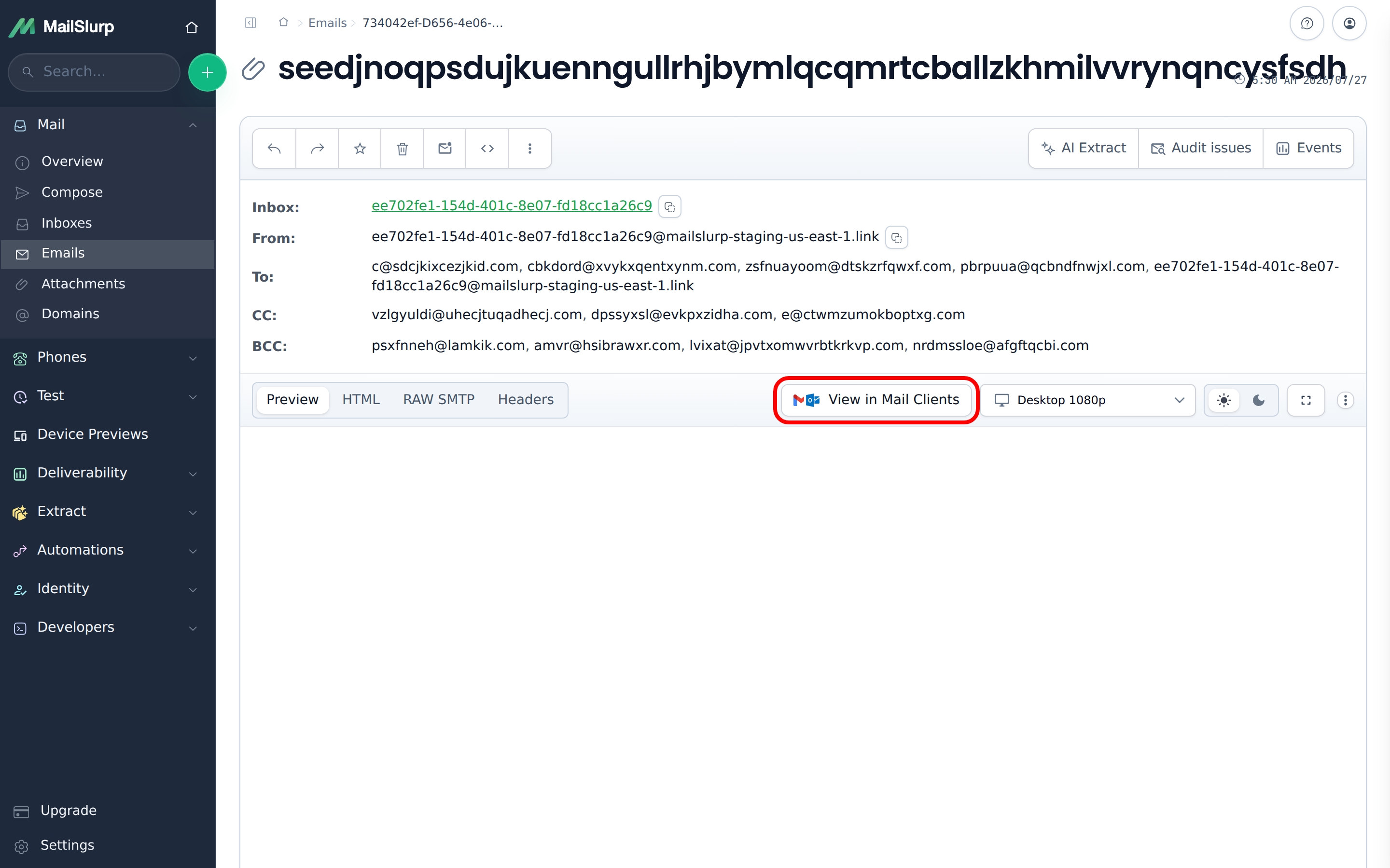 MailSlurp email detail view with the View in Mail Clients button highlighted