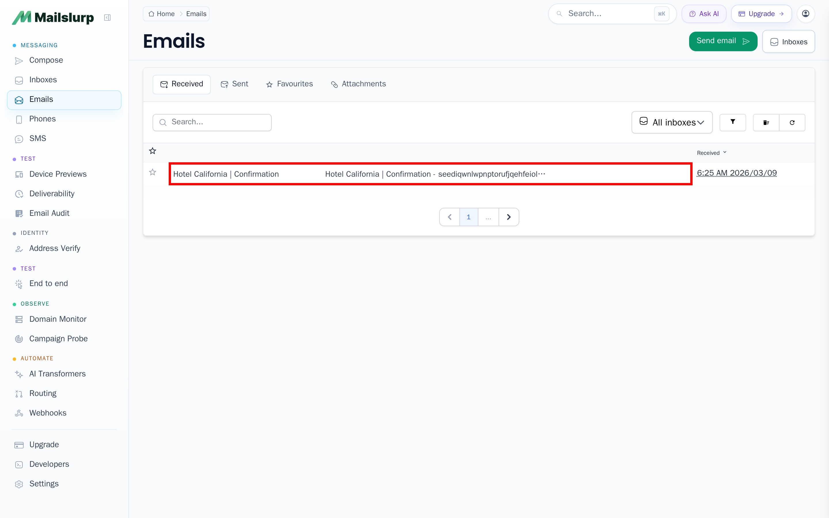 Find feature checker: Click an email