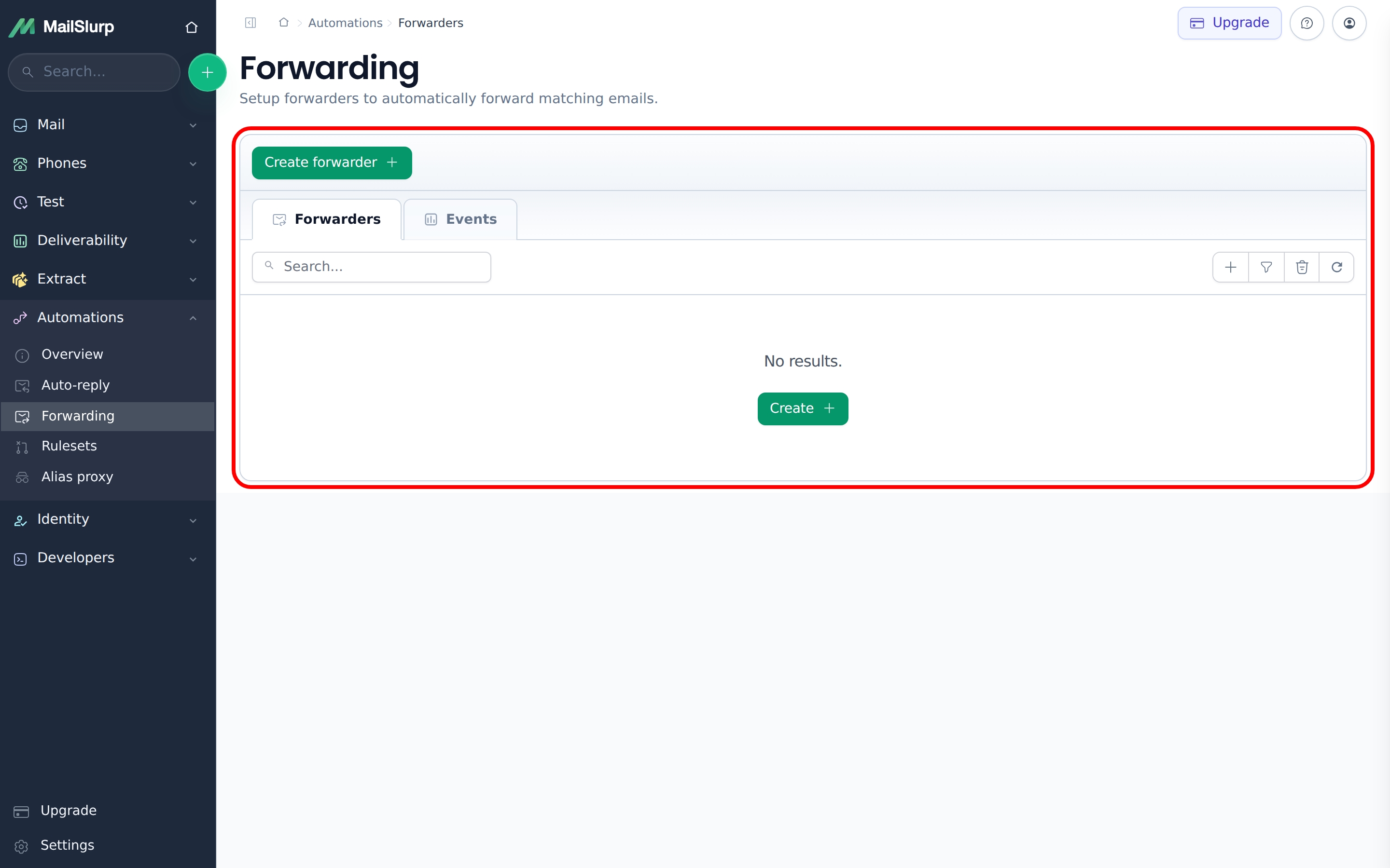 Find forwarders in dashboard: Click inboxes