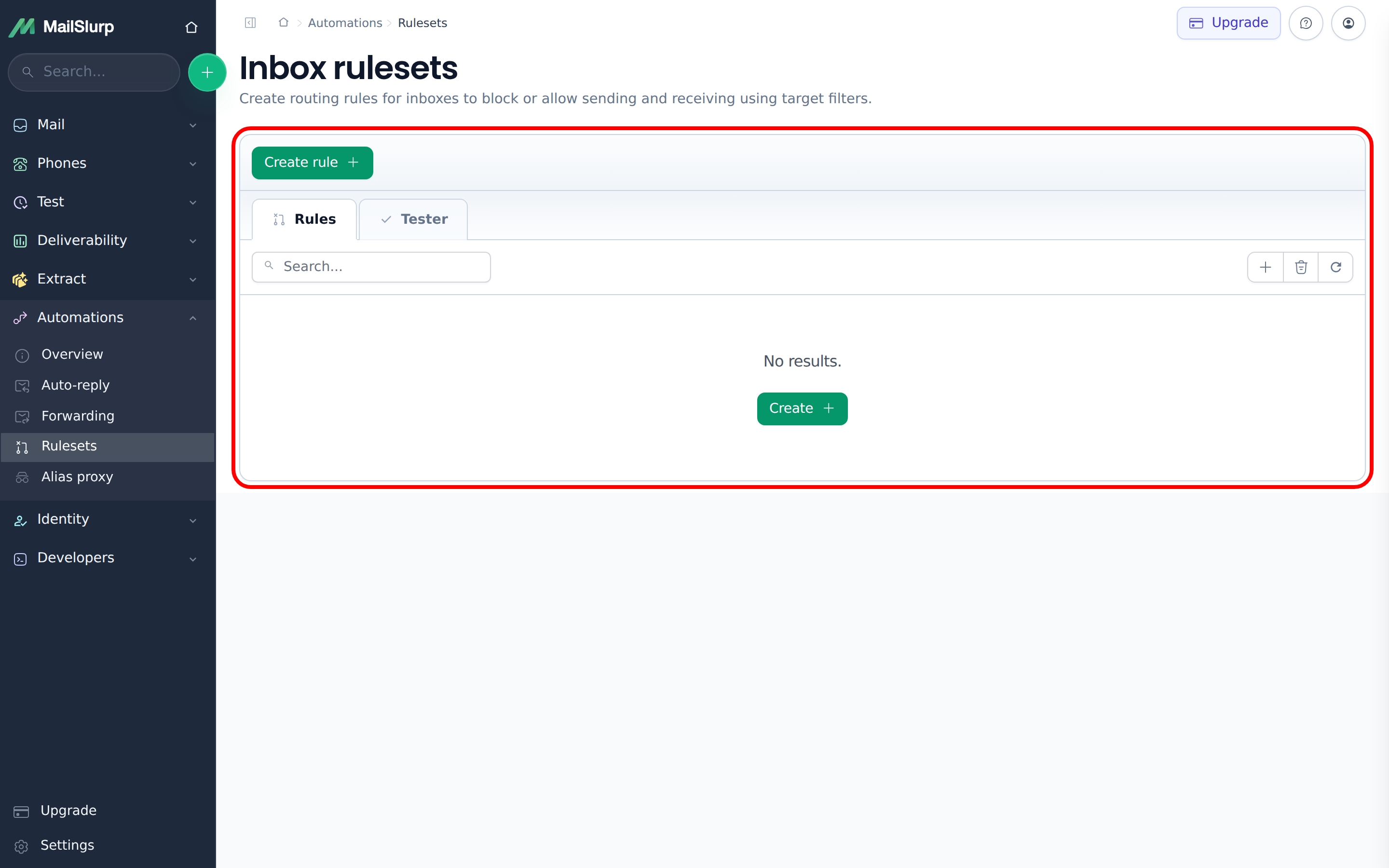 Find rulesets in dashboard: Click inboxes