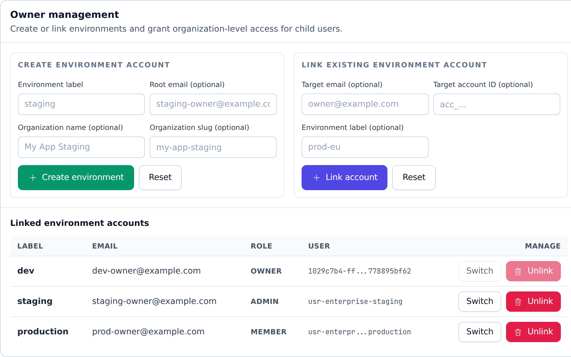 Linked environment accounts in MailSlurp