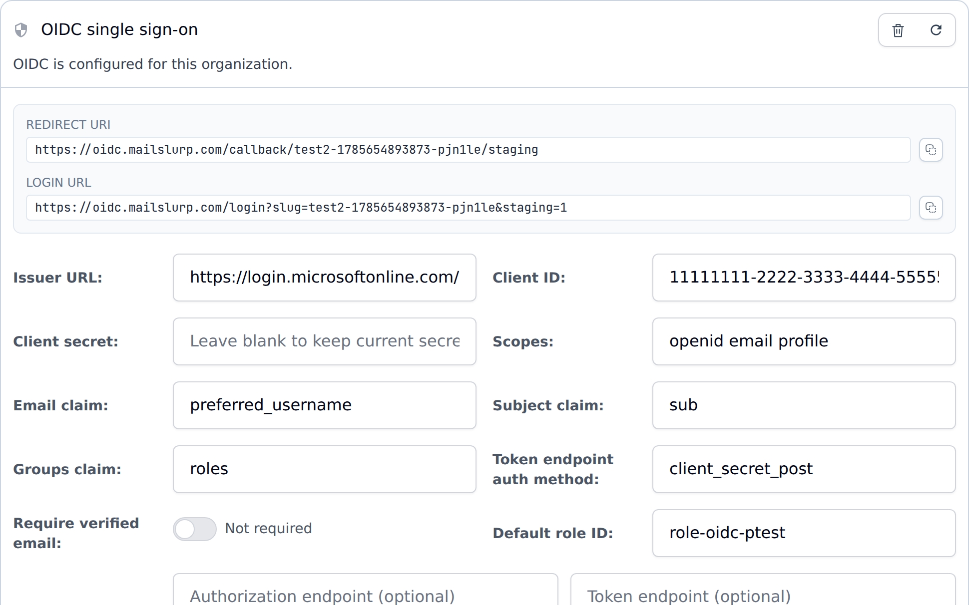 MailSlurp OIDC settings with redirect and claim fields