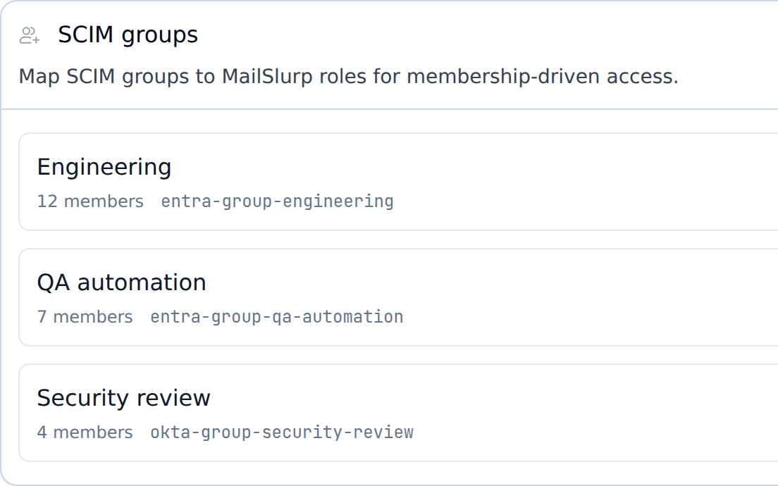 MailSlurp SCIM group management screen showing provisioned IdP groups mapped to organization roles