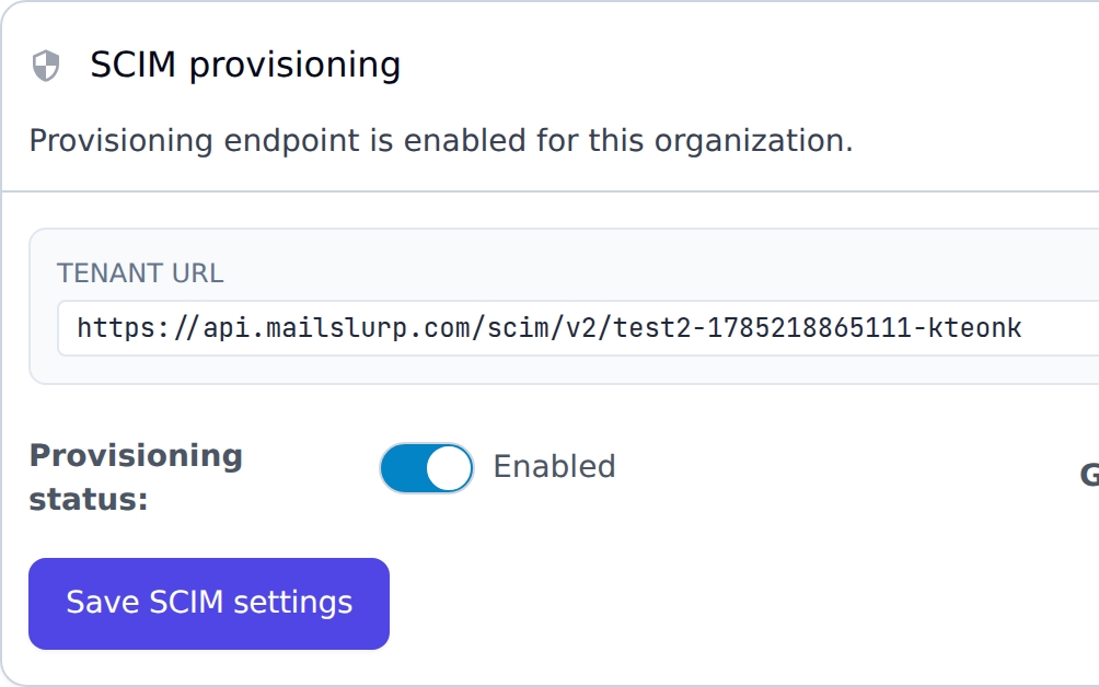 MailSlurp SCIM provisioning settings showing the organization tenant URL and provisioning controls