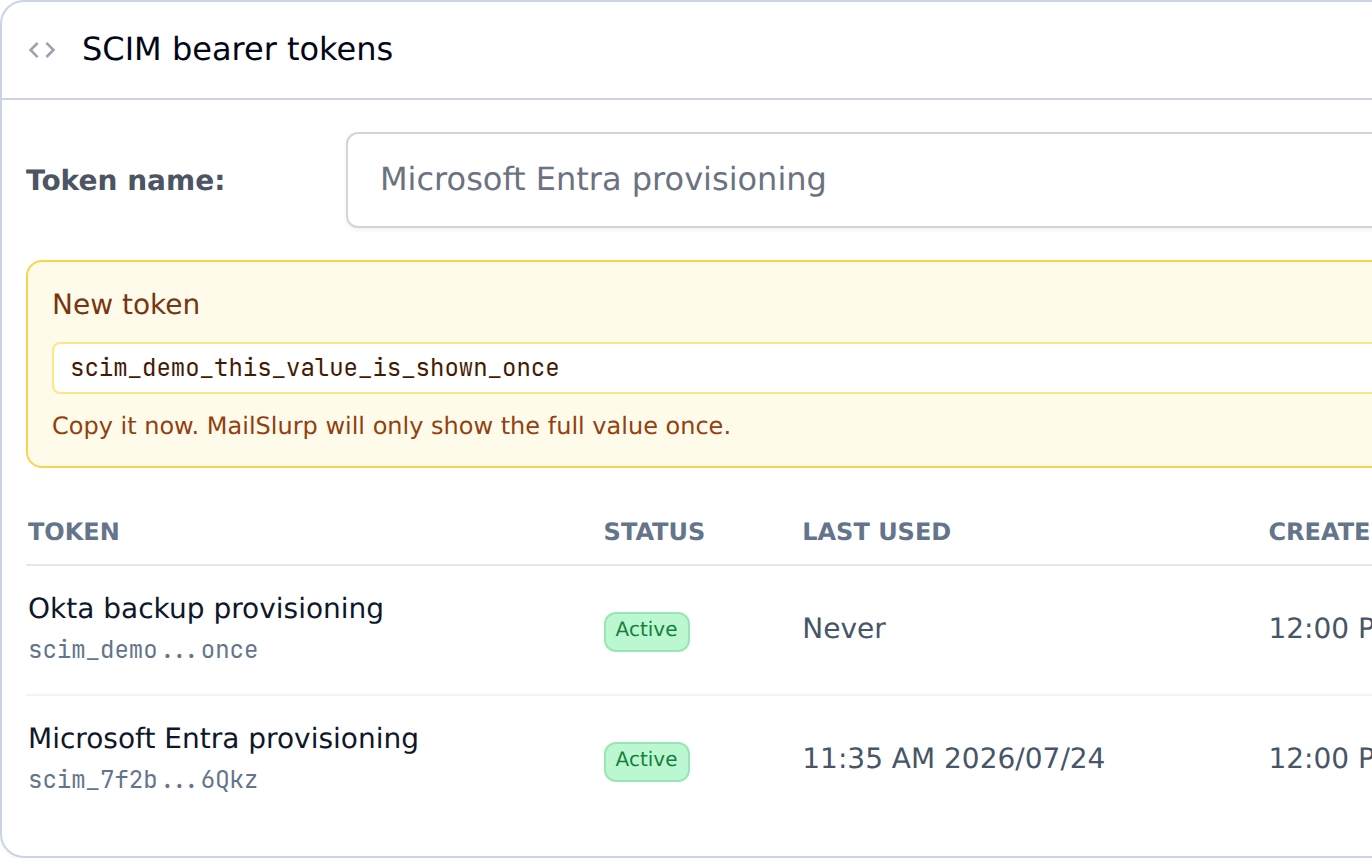 MailSlurp SCIM bearer token screen showing a newly created one-time provisioning token