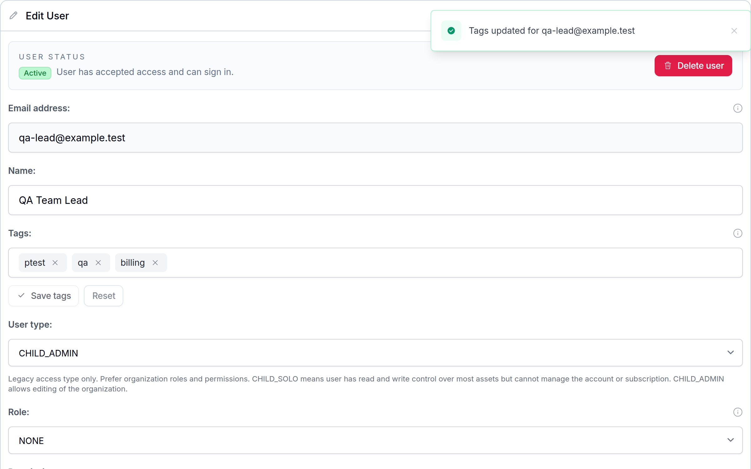 MailSlurp organization user tag editor