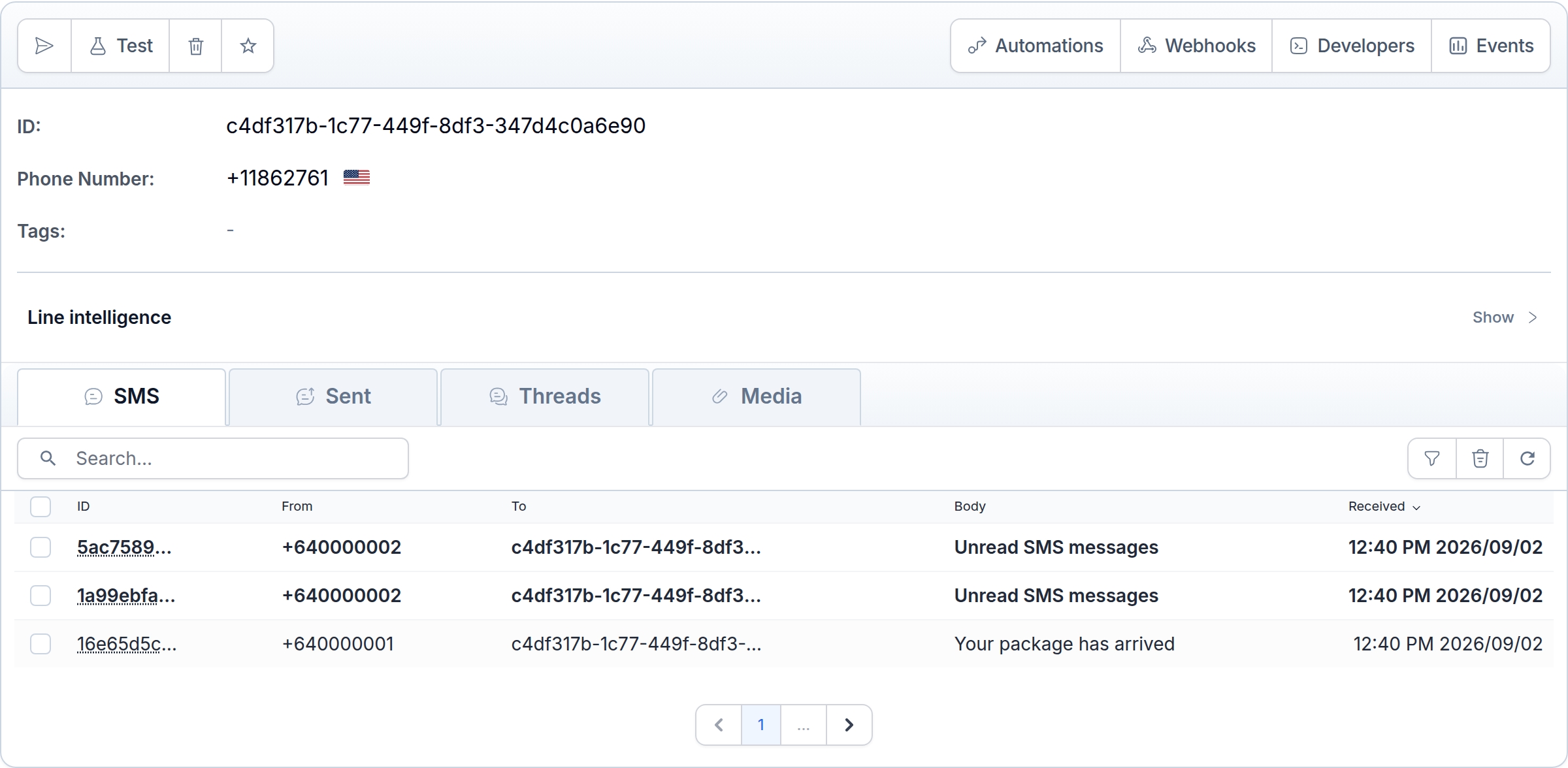 MailSlurp webapp phone detail page showing SMS tabs and received SMS message rows
