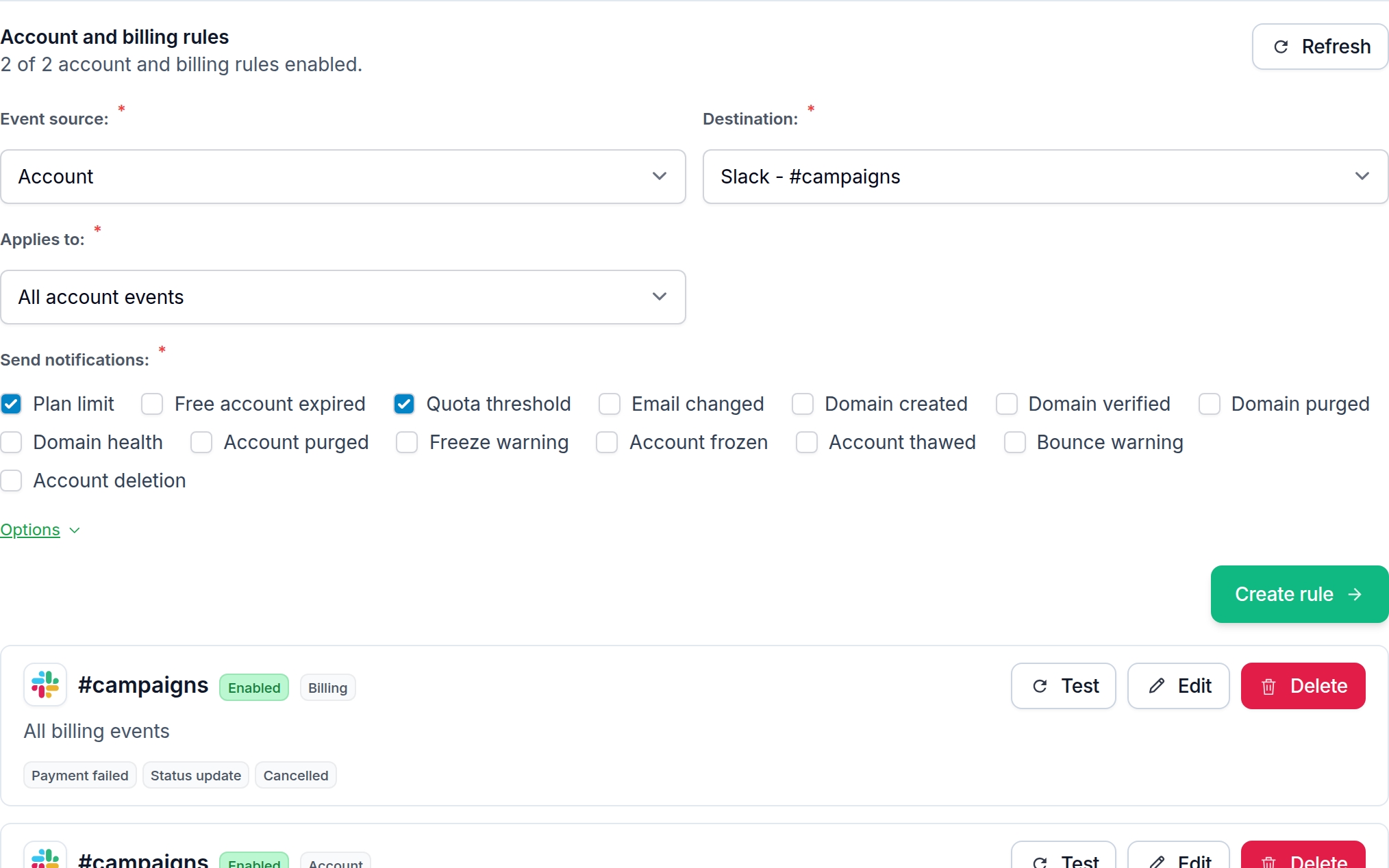 MailSlurp account and billing notification rules