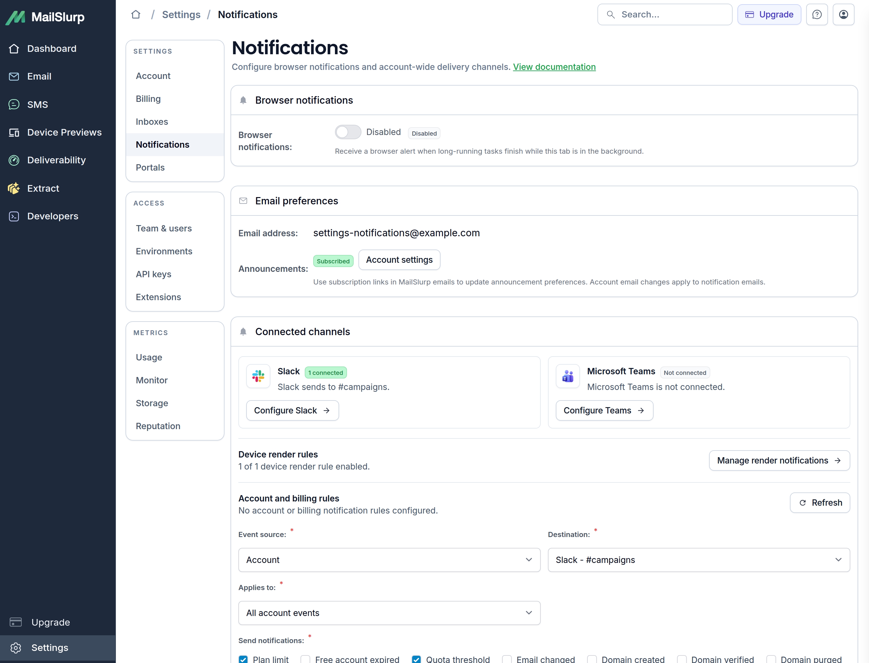 MailSlurp notification settings with documentation link, connected channels, and account rule setup