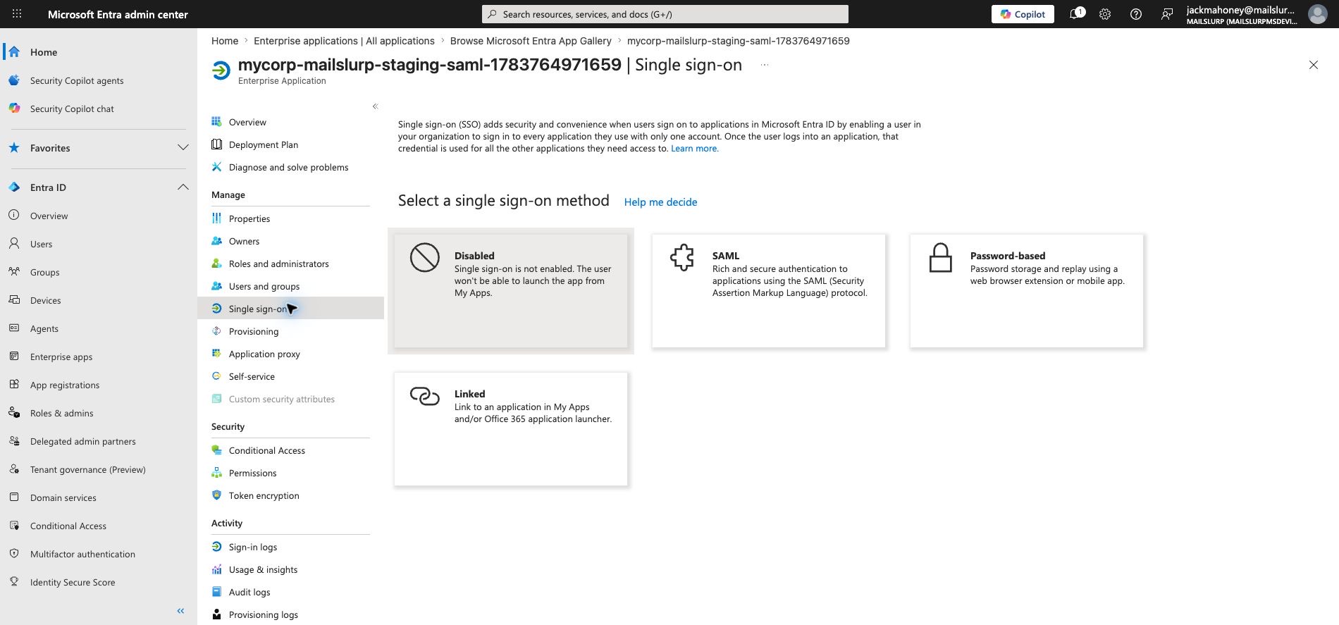 Select SAML single sign-on