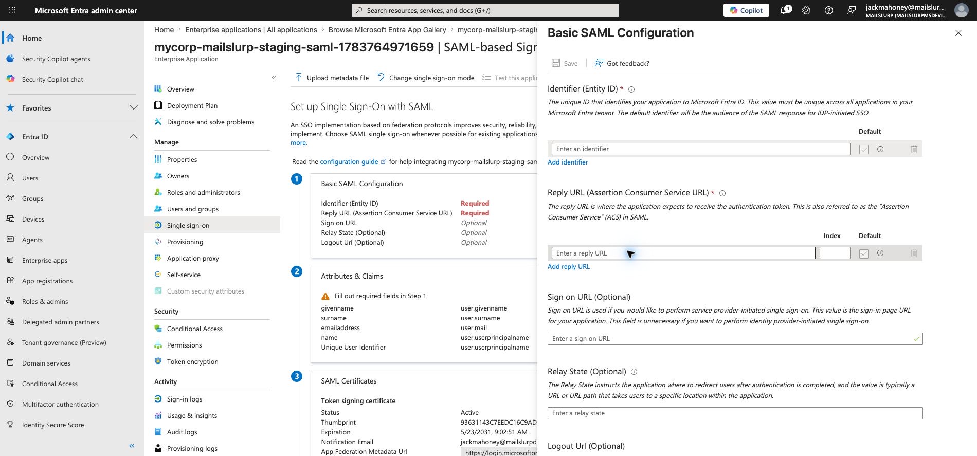Configure basic SAML fields in Entra
