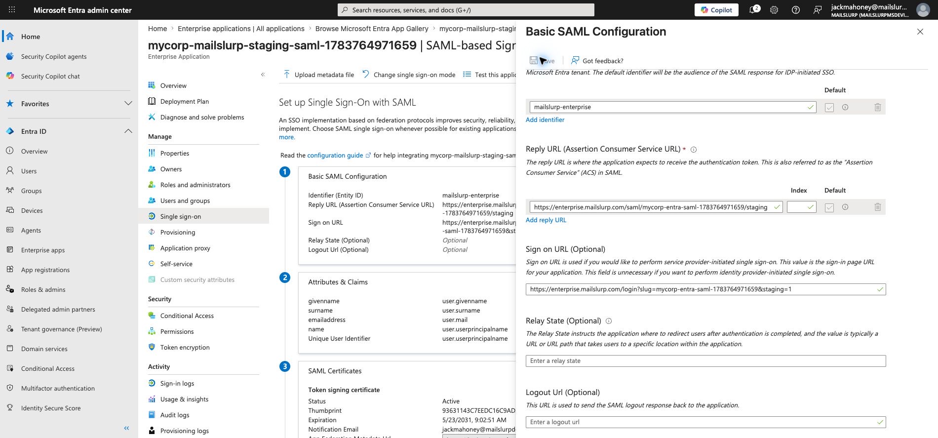 Save basic SAML configuration