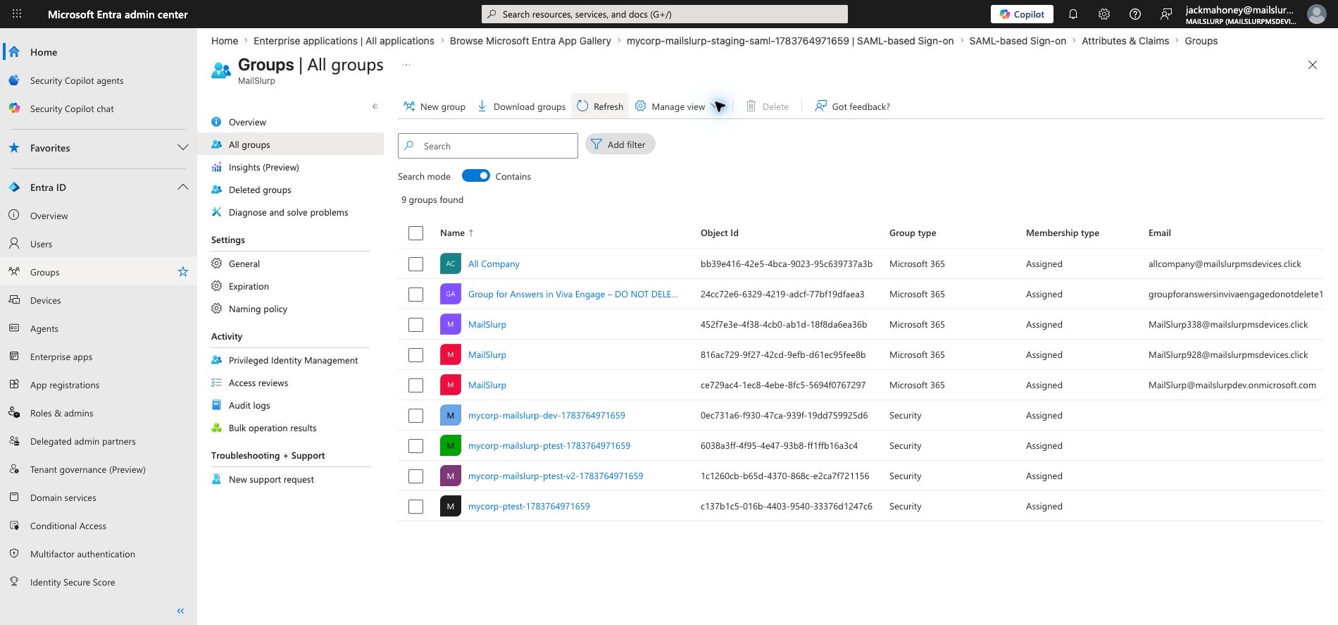 Create example Entra groups