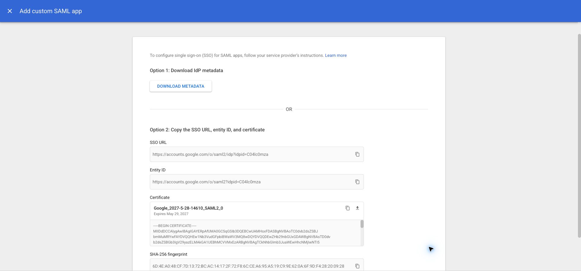 Copy Google Workspace identity provider details
