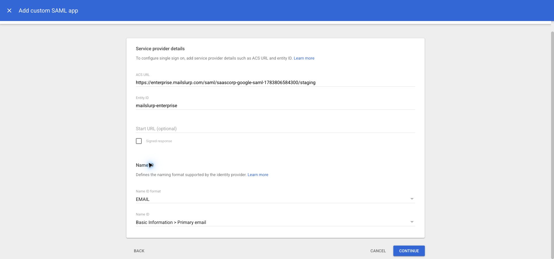 Enter MailSlurp service provider values in Google Workspace