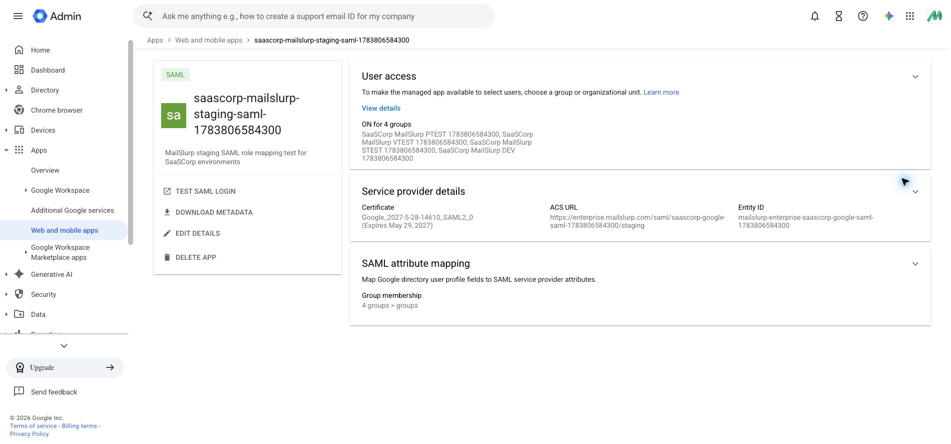 Google Workspace SAML app enabled for four environment groups