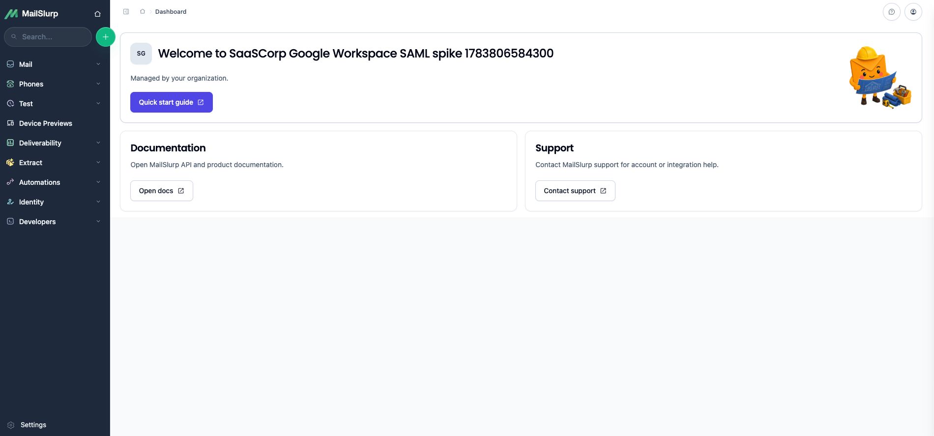 Google Workspace SAML login lands in MailSlurp