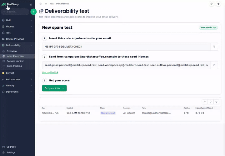 MailSlurp inbox placement send and score demo